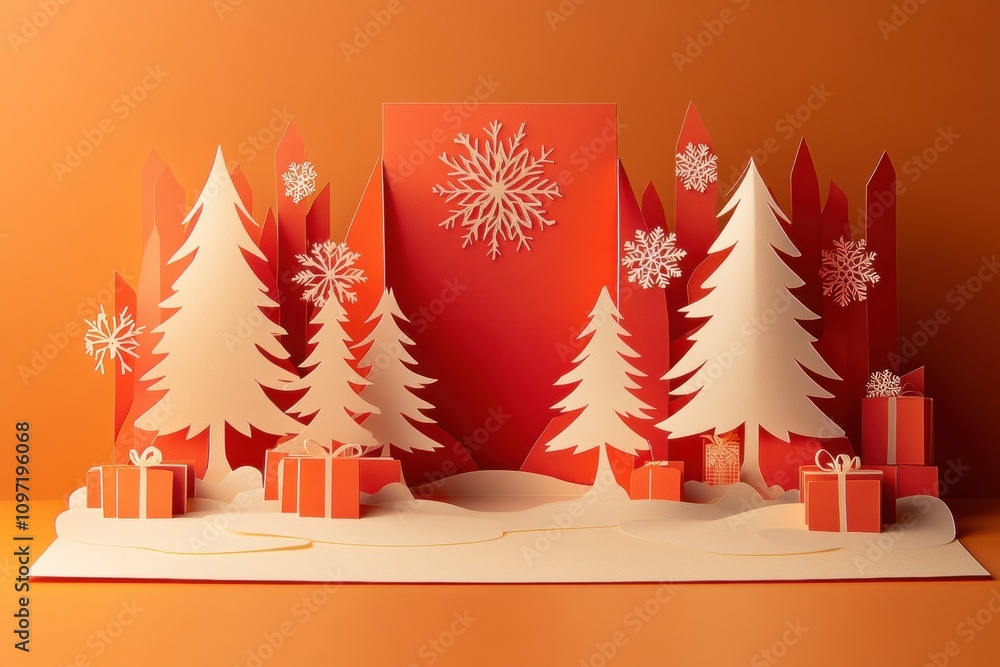 Poster This holiday card showcases intricate cut-out trees and snowflakes against a vibrant orange backdrop, creating a festive atmosphere. Generative AI