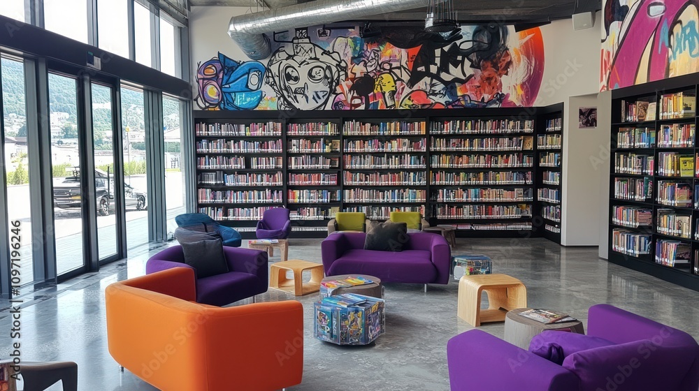 Poster a vibrant library space with colorful seating and shelves filled with books.