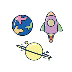 Cute Cartoon Space Icons – Rocket, Planets, and Earth Illustration for Kids Education or UI