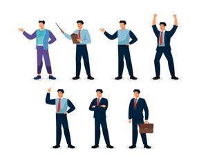 Flat Vector Set of Businessman Characters in Action Poses for Infographics and Presentations