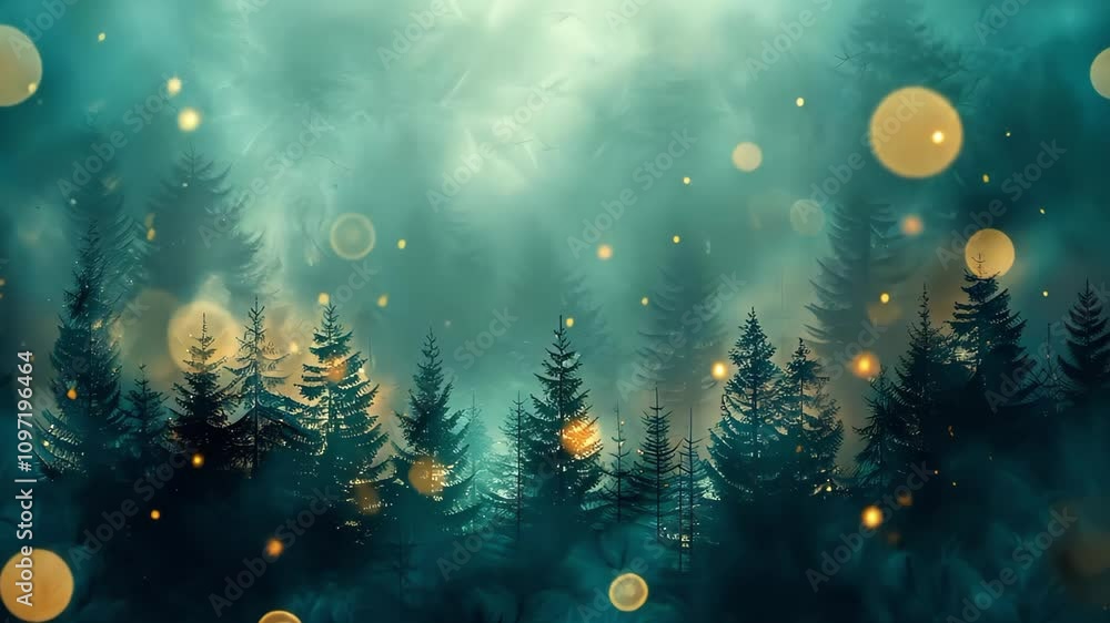 Poster a misty forest scene with silhouettes of trees and floating light particles creating a magical atmos