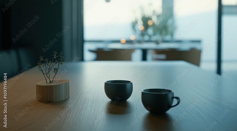 Poster a serene table setting with two cups and a small plant, evoking calmness and leisure.