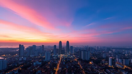 A city skyline at sunset with a beautiful orange sky