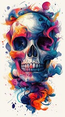 Abstract Colorful Skull in Vivid Paint Swirls