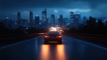 A car is driving down a city street at night
