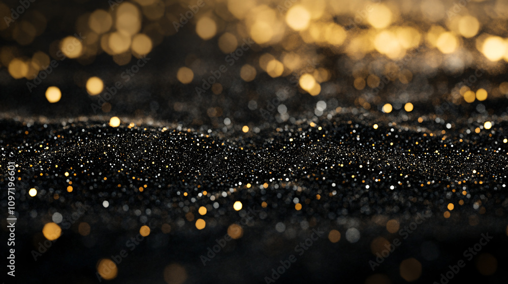 Poster luxurious and festive concept with golden particles falling on black sand, creating waves and a boke