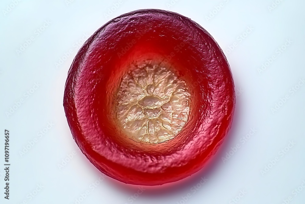 Poster a close-up image of a translucent, red fruit slice showcasing its inner texture.