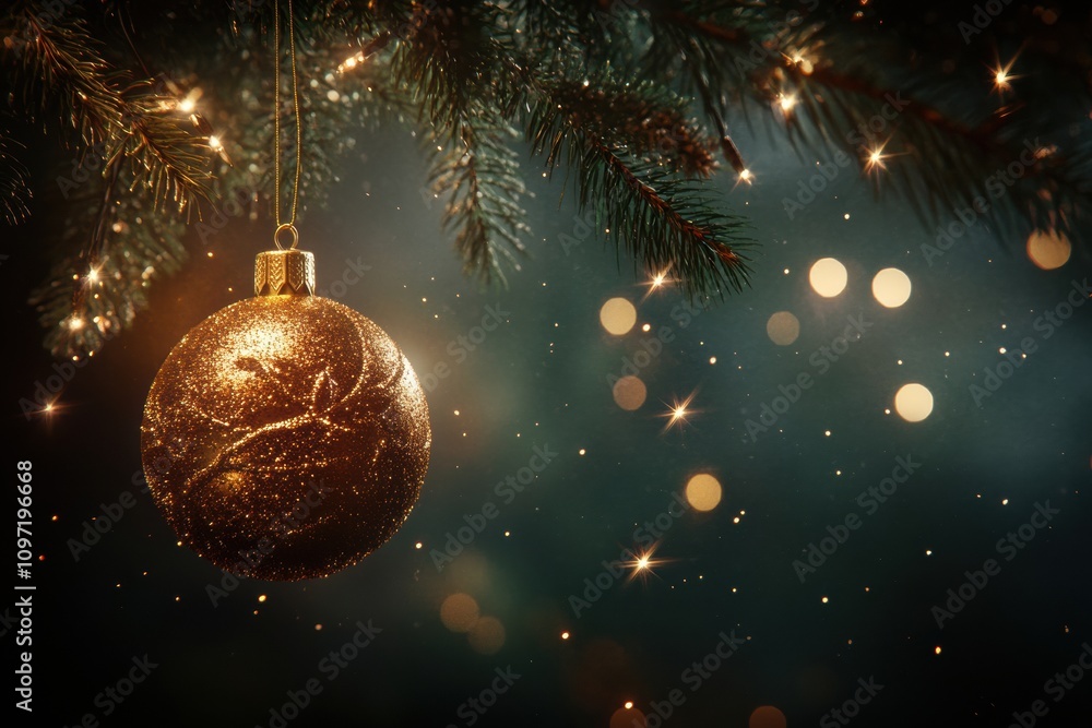 Aufkleber a golden christmas ornament glistens on a pine branch while soft lights twinkle in the dark, creatin