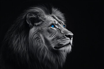 Striking Portrait of a White Lion with Blue Eyes on a Black Background, Capturing Majesty, Strength, and Elegance in Monochrome Wildlife Photography