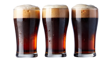 Trio of dark beer glasses with bubbles - perfect for party planning, bar menus, and beverage promotions. Cutout PNG file