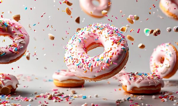 Collection of round donut doughnut, Colourful set, flying falling with sprinkles nuts topping frosting on transparent background cutout,