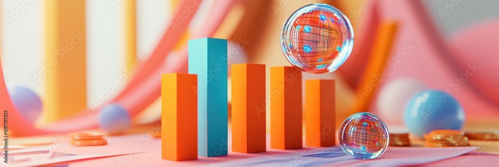 Poster colorful 3d bar graph with bubbles, representing data visualization and analysis.