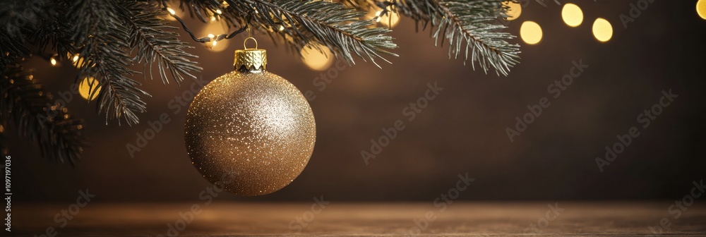 Poster golden ornament reflects light as it dangles from a lush pine branch, creating a festive atmosphere 