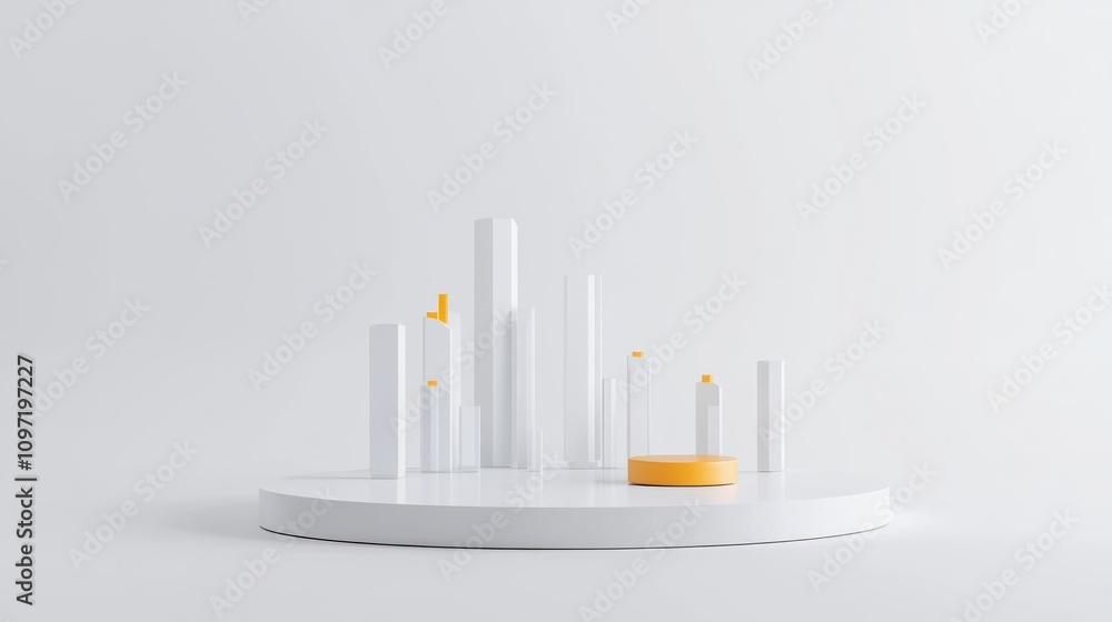 Aufkleber a minimalist display featuring white geometric shapes and a central yellow element.