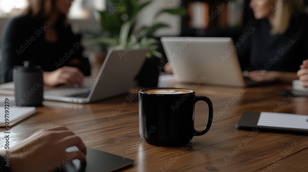 Poster a coffee cup sits on a wooden table with people working on laptops in a collaborative setting.
