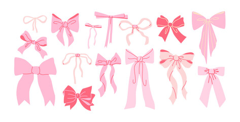 Cartoon ribbon bows accessories.Pink vintage girly pink bows for hair decoration.Cute trendy stickers set in coquette style