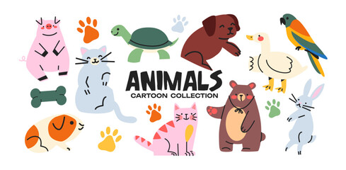 Cute pets in groovy style 90s. Cartoon funny puppies characters in retro style. Animals  wild veterinarian zoo stickers	
