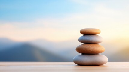 A stack of four rocks on a wooden table