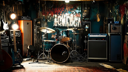 A dimly lit rehearsal room with a drum kit, guitars, amps, and graffiti-covered walls.