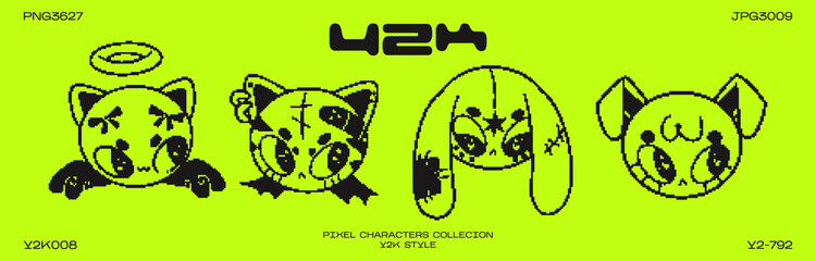 Retro cartoon pixel character in Y2K style. Cyber animals with stars for 90s design. Collection mscots of vector funky futuristic pets	