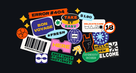 Futuristic y2k patches, labels, tags, stickers, bracelet stamps in retro style. Cartoon stickers in funky hipster groovy grunge 90s style. Vector set, trendy promo labels