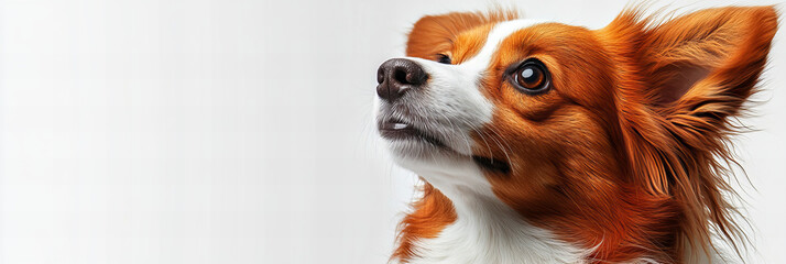 Adorable dog with expressive eyes looking upward on a clean white background, perfect for pet-related designs, veterinary promotions, or dog care advertisements