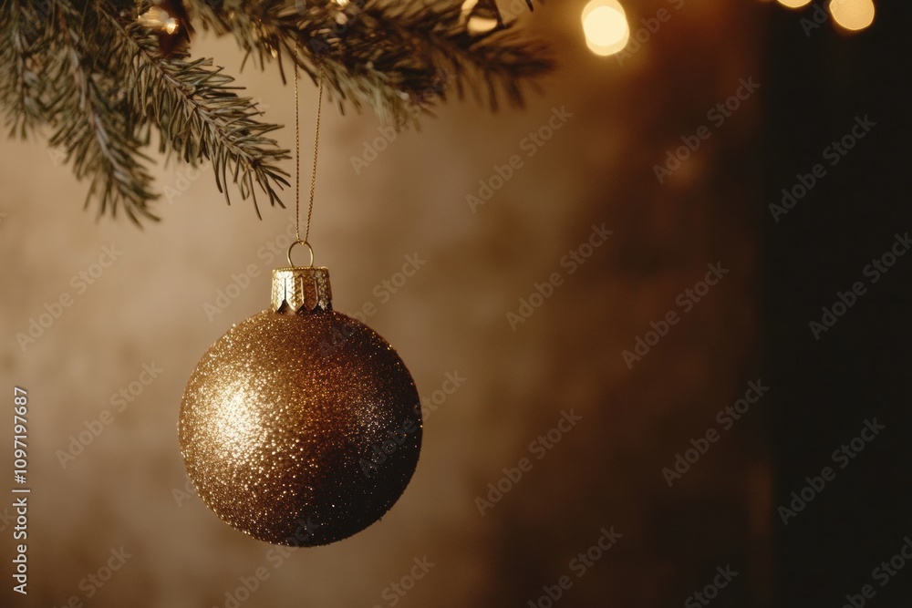 Poster a glittering golden ornament dangles from a lush pine branch, adding charm and warmth to the cozy ch