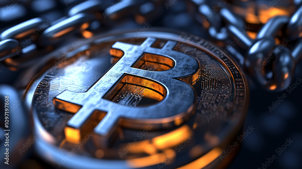 Aufkleber close-up of bitcoin cryptocurrency coin being secured by metal chains, representing blockchain techn