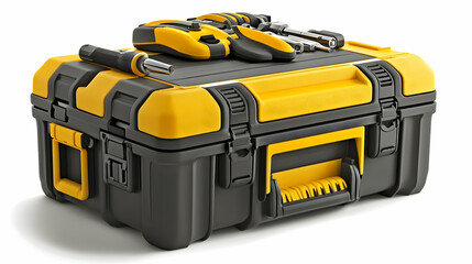Fototapeta premium A hard plastic toolbox with yellow accents containing various hand tools, including screwdrivers and drills, isolated on a white background.