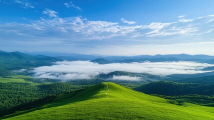 Fototapeta premium A mountain range with a cloudy sky and a foggy hill