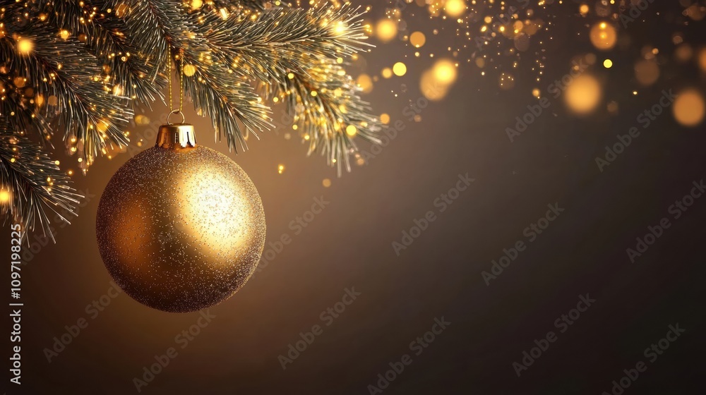 Aufkleber A golden ornament sparkles as it dangles from a pine branch, adding charm and warmth to a cozy Christmas setting during winter. Generative AI