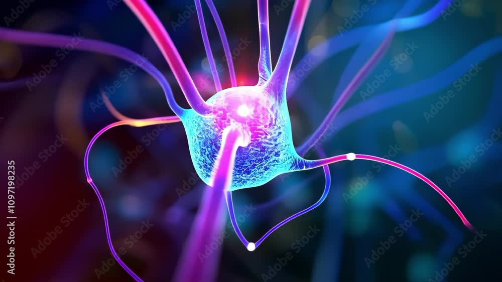 Poster a digital illustration of a neuron, showcasing its structure with colorful axons and synaptic connec