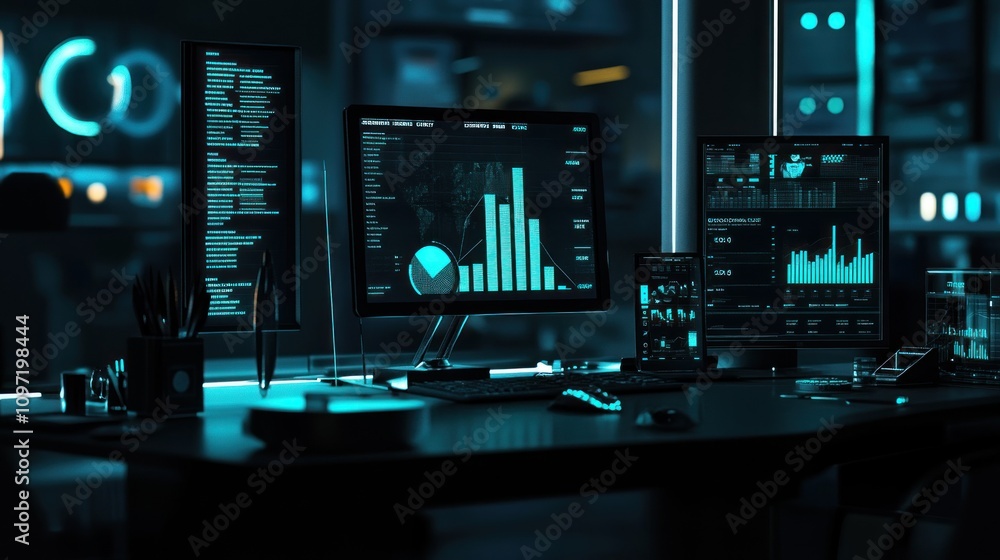 Aufkleber A modern workspace with multiple screens displaying data and analytics in a tech environment.
