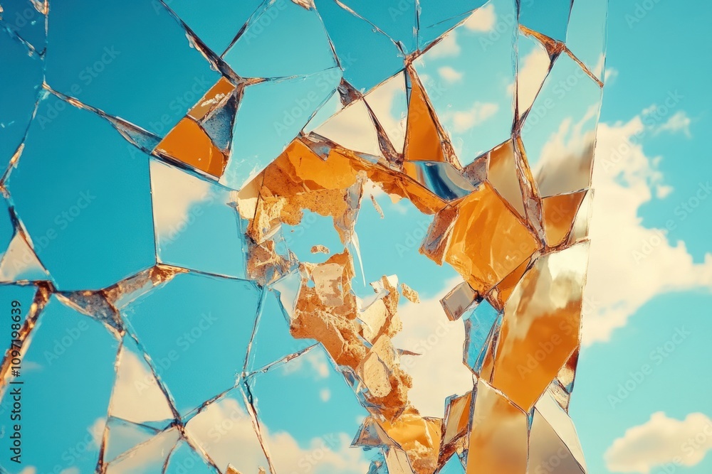 Aufkleber a shattered mirror reflecting a bright sky with clouds, symbolizing broken perceptions.