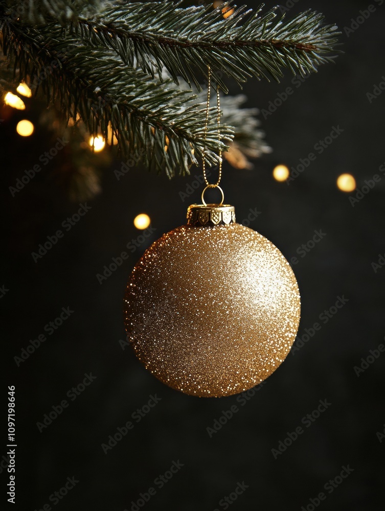 Aufkleber A golden ornament sparkles as it hangs from a pine branch, illuminated by soft lights creating a festive atmosphere for the holidays. Generative AI