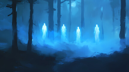 Fototapeta premium Four spectral figures rise from the mist in a moonlit forest, their ghostly forms drifting through the eerie blue fog. Shadowy Spectral Fog. Illustration