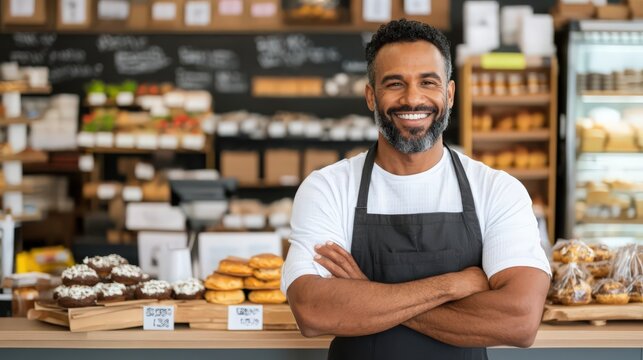 A man with a black apron stands in front of a bakery counter with a smile on his