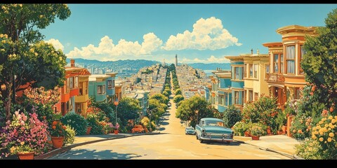Fototapeta premium Vibrant San Francisco Hilltop Street Scene With Classic Cars