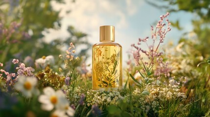 Golden Bottle Of Herbal Oil Amidst Blooming Wildflowers