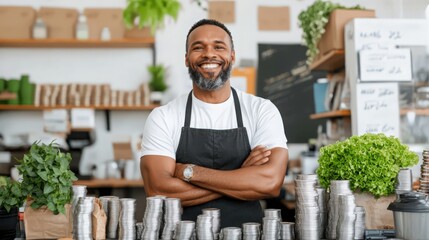 A man with a black apron stands in front of a display of canned goods
