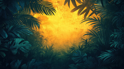 Dark tropical leaves framing a glowing golden centre with rich shadows.