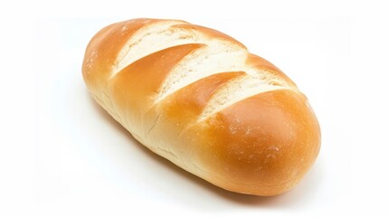 Freshly baked loaf of bread with golden crust on a white background.