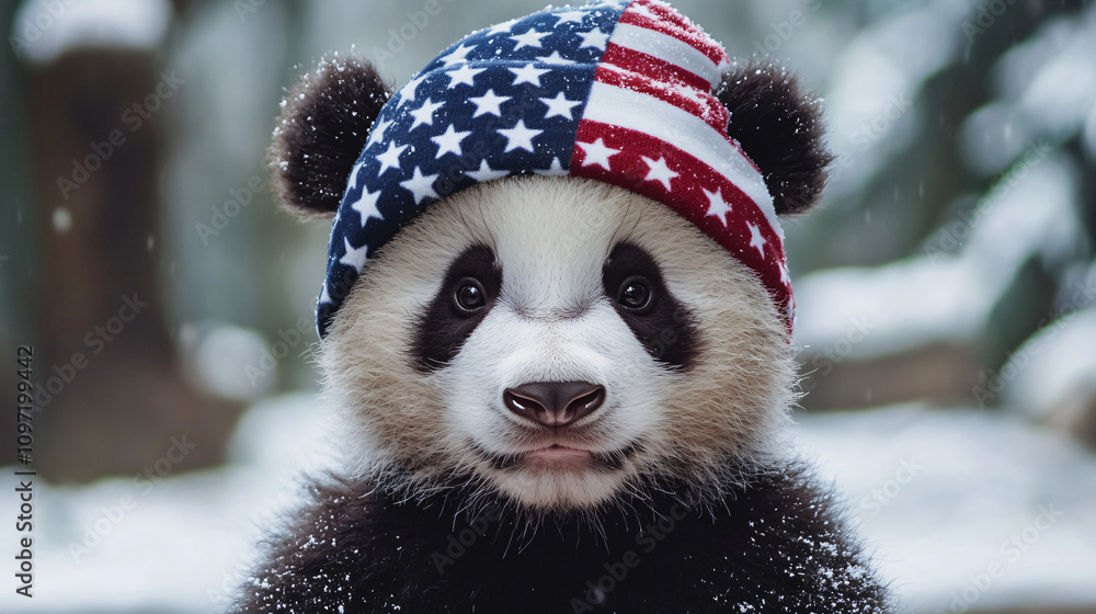Poster panda cub in a festive hat enjoying a snowy day, capturing the charm of winter and spreading holiday