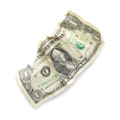 One crumpled dollar banknote isolated on white, top view
