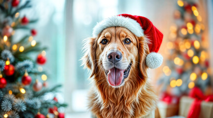 golden retriever santa hat poses joyfully by decorated trees
