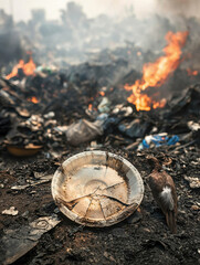 Flaming landfill with cracked plate amid plastic and fiery tones of pollution.
