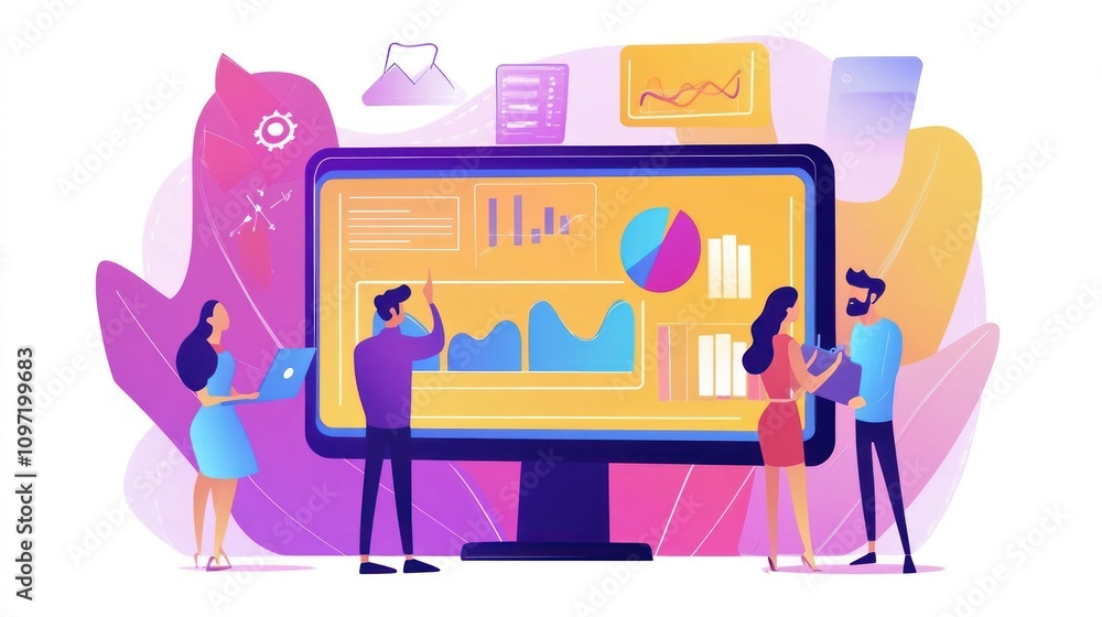 Poster Team Analyzing Data On Large Computer Screen