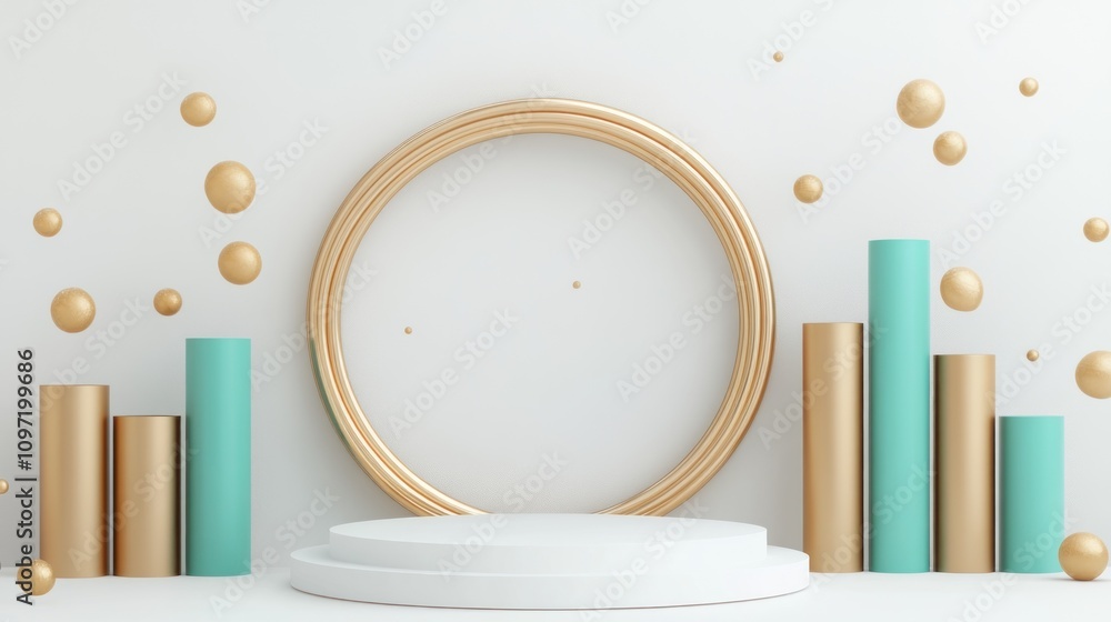 Aufkleber A minimalist display with circular frame and colorful columns for presentations or showcases.
