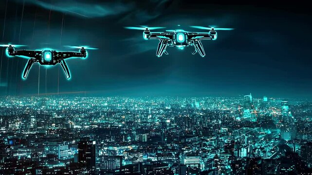 Futuristic aerial cityscape with drones and digital interface at night