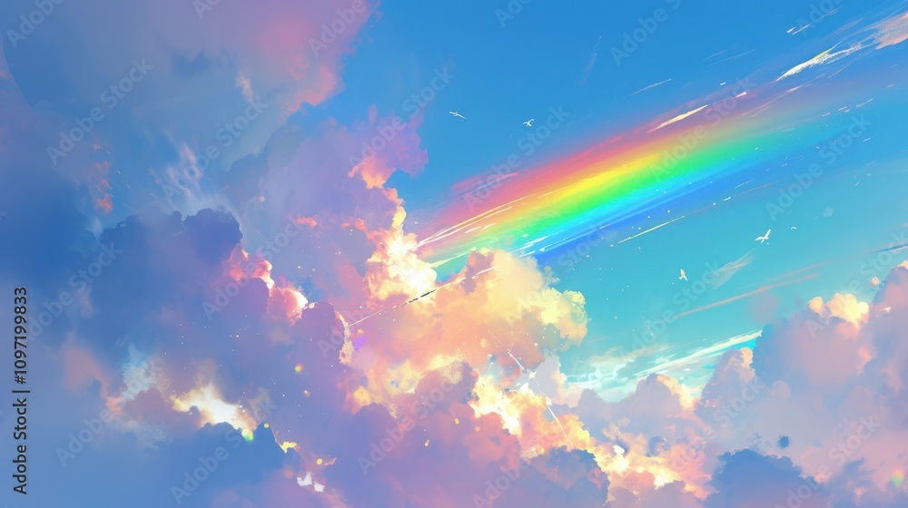 Poster on a cloudy day a rainbow suddenly appears in the sky bringing a splash of unexpected brightness to 